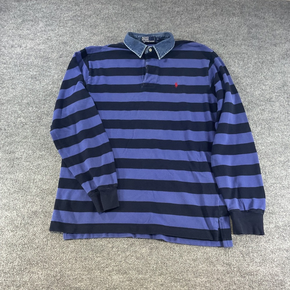 Polo Ralph Lauren Mens Rugby Shirt Large Purple Navy Striped Denim Collar Cotton